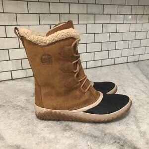 Sorel Boots Womens Size 9 Tan Out About Plus Waterproof Shearling Winter Shoes
